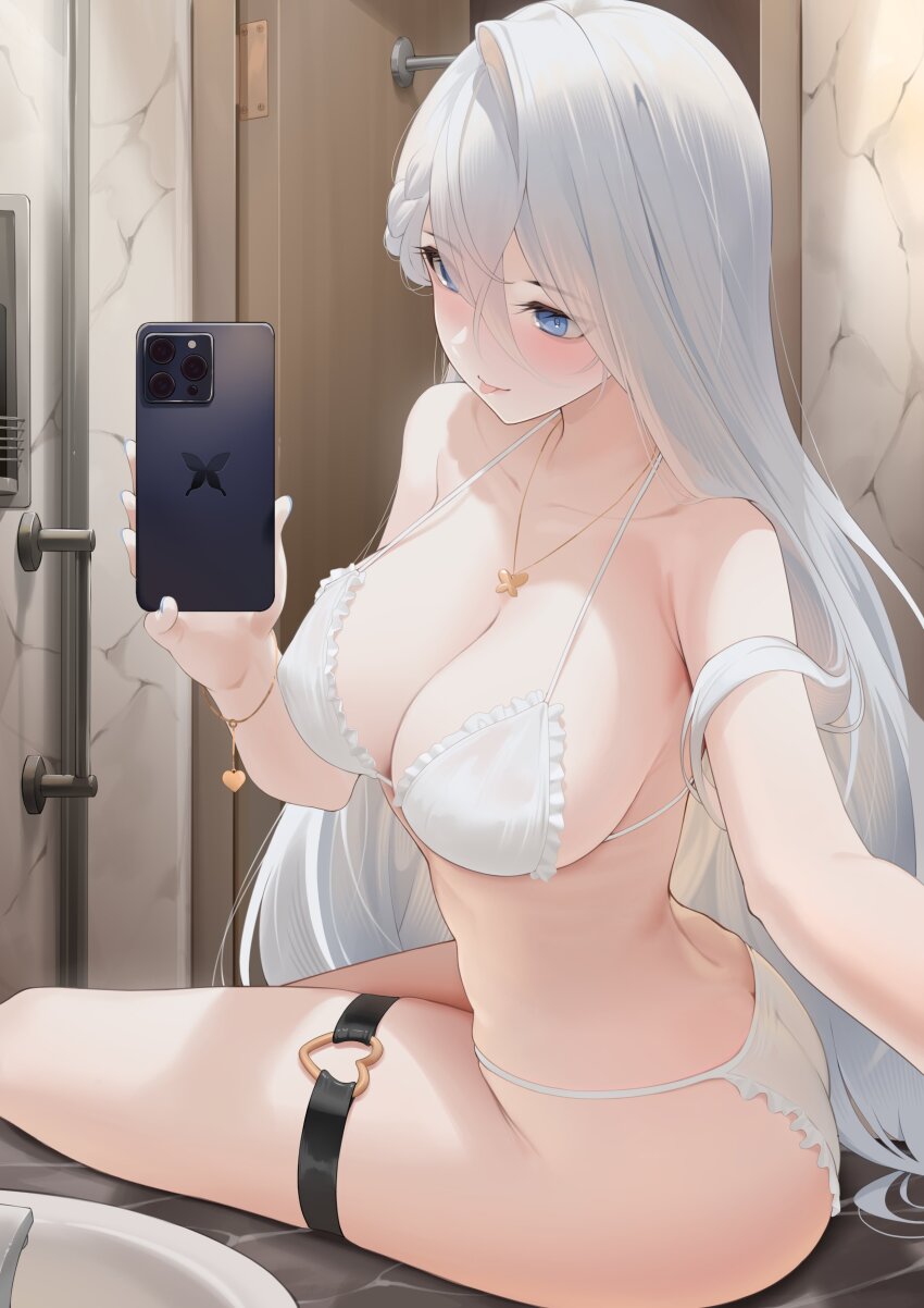 1girl, absurdres, armpit_crease, ass, bare_shoulders, bathroom, blue_eyes, bra, bracelet, braid, breasts, cellphone, cleavage, commentary, frilled_bra, frilled_panties, frills, hair_between_eyes, heart, heart_o-ring, highres, holding, holding_phone, indie_virtual_youtuber, indoors, jewelry, large_breasts, light_smile, long_hair, looking_at_phone, looking_at_viewer, median_furrow, necklace, o-ring, o-ring_thigh_strap, panties, phone, rozea_(vtuber), selfie, single_hair_intake, sitting, smartphone, solo, thigh_strap, thighs, tongue, tongue_out, twisted_torso, underwear, underwear_only, vaughnilla, virtual_youtuber, white_bra, white_hair, white_panties