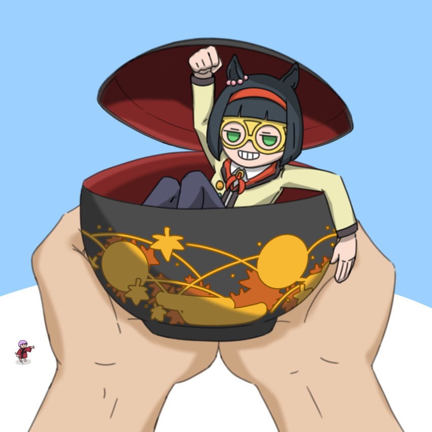 1other, 2girls, animal_ears, black_hair, blue_background, bowl, commentary_request, glasses, green_eyes, grin, hairband, highres, holding, holding_bowl, horse_ears, horse_girl, japanese_clothes, kimono, malivien, mini_person, minigirl, mini_the_lady_(umamusume), multiple_girls, pov, pov_hands, purple_hair, red_hairband, red_kimono, shirt, smile, sukuna_shinmyoumaru, touhou, two-tone_background, umamusume, white_background, yellow-framed_eyewear, yellow_shirt