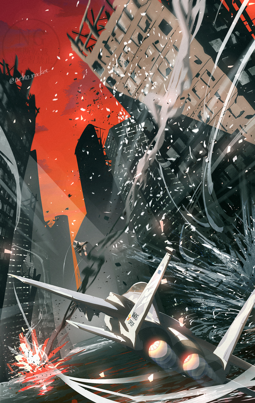 1boy, absurdres, ace_combat, ace_combat_7, aerial_battle, afterburner, aim-9_sidewinder, air-to-air_missile, aircraft, airplane, artist_name, battle, broken_glass, building, canopy_(aircraft), chasing, city, claw_mark, commentary, contrail, debris, dogfight, english_commentary, explosion, f-15_eagle, farbanti, fighter_jet, fox, glass, gun, handgun, highres, holding, holding_gun, holding_weapon, military_vehicle, missile, motion_blur, onigiri_maru_(maruchosu), osean_flag, outdoors, red_sky, revolver, roundel, ruins, sin_lines, sky, skyscraper, smoke, solo, trigger_(ace_combat), water, watermark, weapon