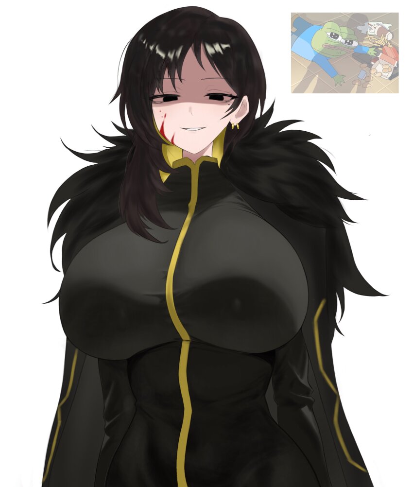 1girl, absurdres, apu_spills_his_tendies_(meme), asymmetrical_hair, binah_(project_moon), black_coat, black_dress, black_eyes