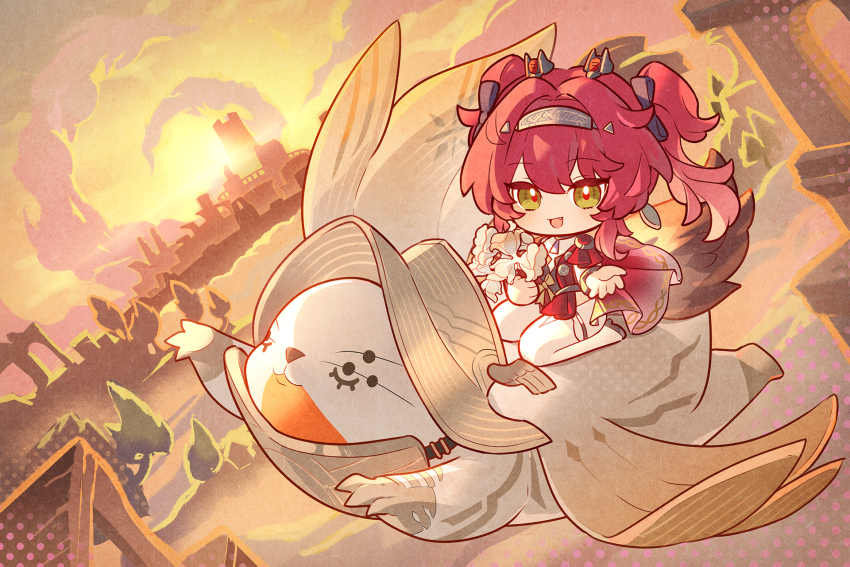 1girl, black_bow, bodysuit, bow, chinese_commentary, commentary_request, earrings, flower, hair_bow, hairband, headgear, highres, holding, holding_flower, jewelry, long_hair, looking_at_viewer, lupa_(wuthering_waves), metal_hairband, open_mouth, outdoors, red_hair, red_pupils, red_sash, remirror, riding, riding_animal, sash, smile, solo, tacet_discord_(wuthering_waves), tail, white_bodysuit, wolf_tail, wuthering_waves, yellow_eyes