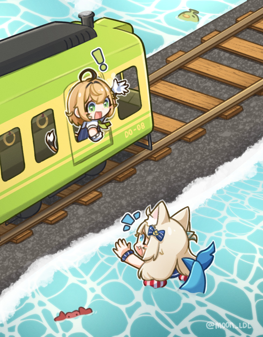 !, 2girls, absurdres, ahoge, animal_ear_fluff, animal_ears, blonde_hair, blue_overalls