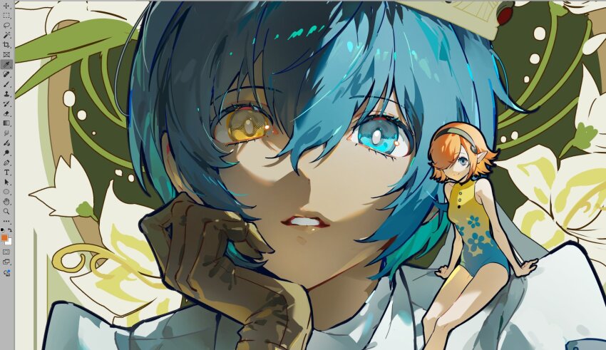 1boy, 1girl, art_program_in_frame, blue_eyes, blue_hair, bright_pupils, brown_gloves, fairy