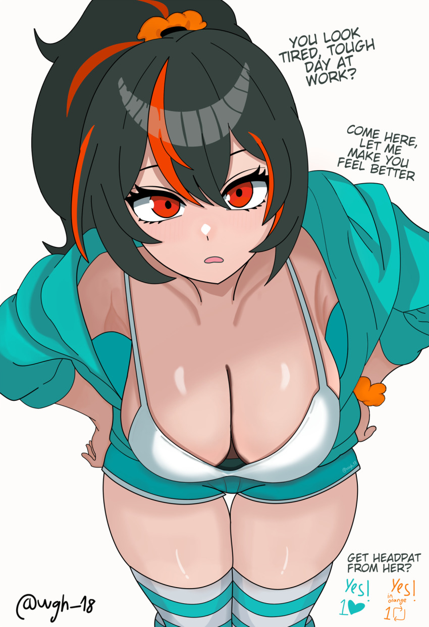 1girl, alternate_costume, aqua_jacket, bent_over, casual, english_text, highres, jacket, like_and_retweet, multicolored_hair, ponytail, red_eyes, red_hair, red_streaks, solo, streaked_hair, thighs, wgh18, zenless_zone_zero, zhu_yuan