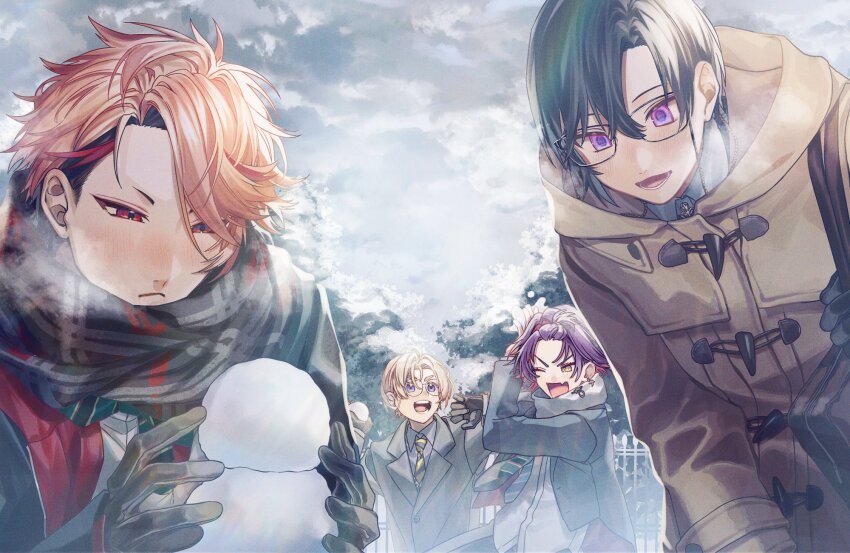 4boys, :d, ;d, ahoge, arm_up, bangs_pinned_back, black-framed_eyewear, black_gloves