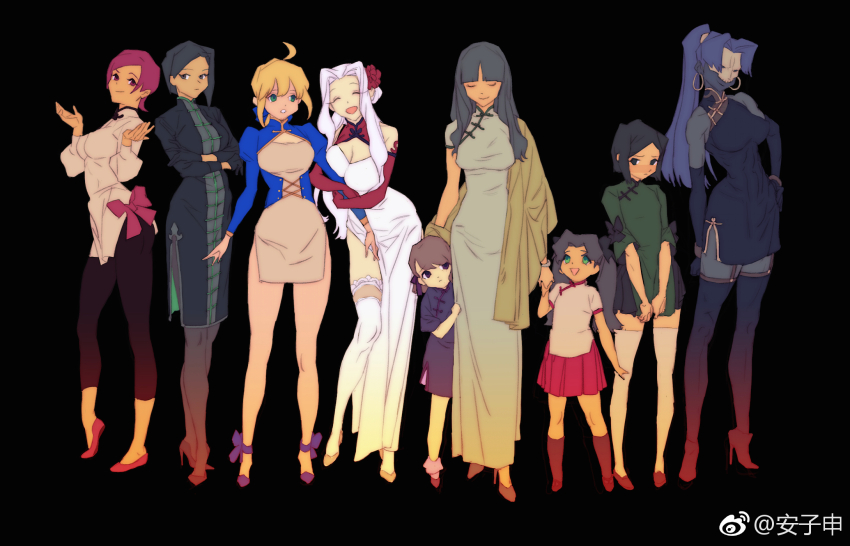 1boy, 6+girls, ahoge, anzishen, artoria_pendragon_(fate), assassin_(fate/zero), blonde_hair, blue_eyes, china_dress, chinese_clothes, crossdressing, crossdressing_(mtf), dress, fate/zero, fate_(series), female_assassin_(fate/zero), green_eyes, high_heels, highres, hisau_maiya, irisviel_von_einzbern, long_hair, matou_sakura, multiple_girls, open_mouth, pink_shoes, ponytail, purple_hair, saber_(fate), shoes, smile, sola-ui_nuada-re_sophia-ri, standing, tohsaka_aoi, tohsaka_rin, tohsaka_rin_(fate/zero), tohsaka_sakura, waver_velvet