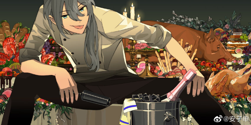 anzishen, black_pants, blue_eyes, bottle, bread, candle, chicken_(food), crazy_b_(ensemble_stars!)