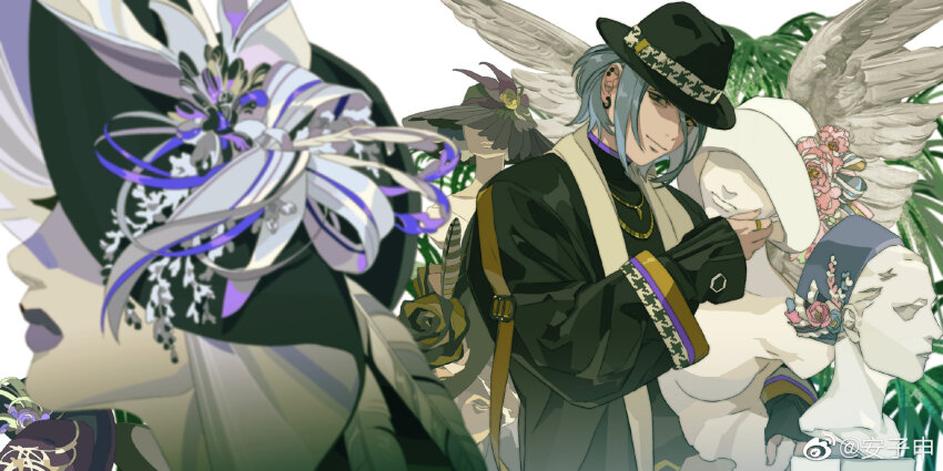 1boy, anzishen, blue_hair, earrings, ensemble_stars!, flower, hat, highres