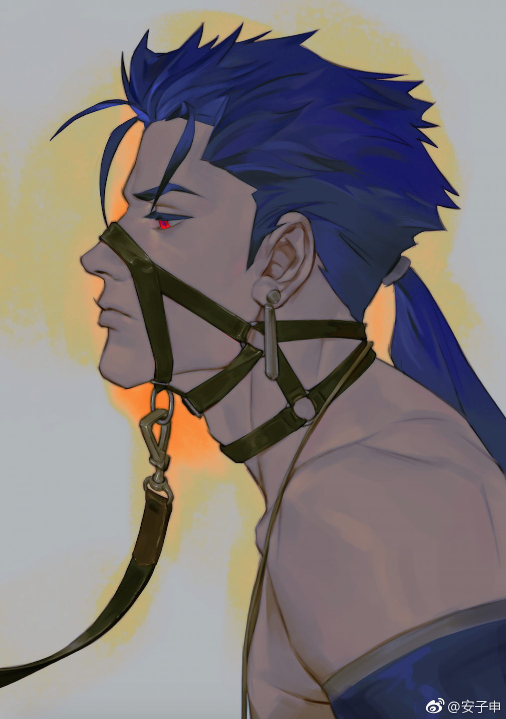 1boy, anzishen, bare_shoulders, blue_hair, cu_chulainn_(fate), cu_chulainn_(lancer)_(fate), earrings, fate/grand_order