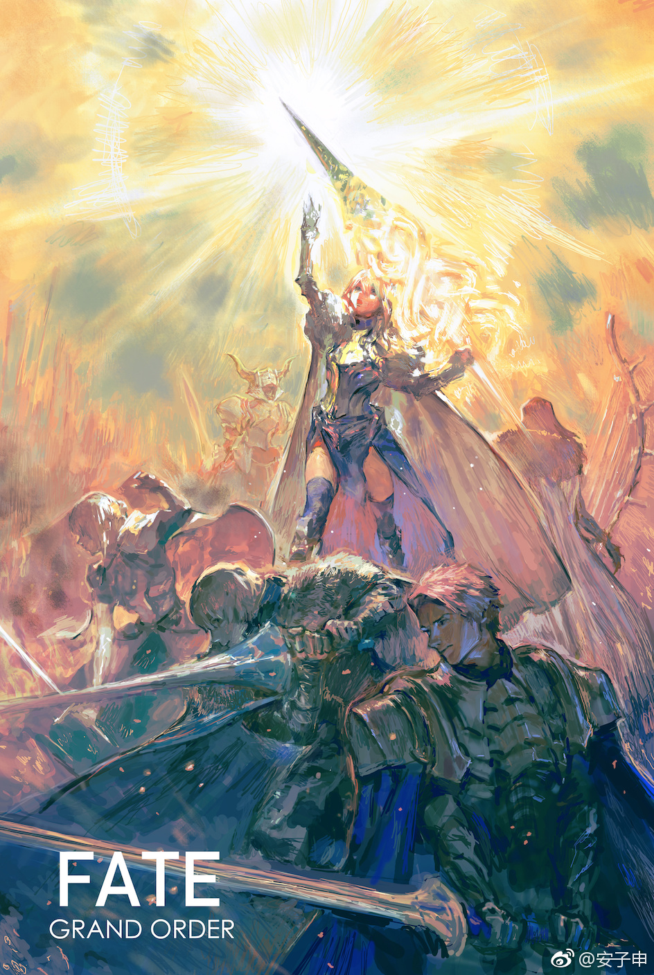 anzishen, armor, artoria_pendragon_(fate), bedivere_(fate), blonde_hair, cape, gawain_(fate), gawain_(third_ascension)_(fate), highres, holding, holding_weapon, knights_of_the_round_table_(fate), lancelot_(fate/grand_order), multiple_boys, purple_hair, red_hair, saber_(fate), socks, tristan_(fate), tristan_(third_ascension)_(fate), weapon