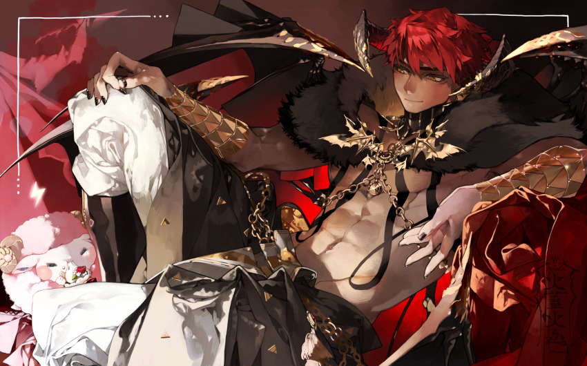 1boy, black_boots, black_cape, black_nails, boots, cape, closed_mouth, diavolo_(obey_me!)