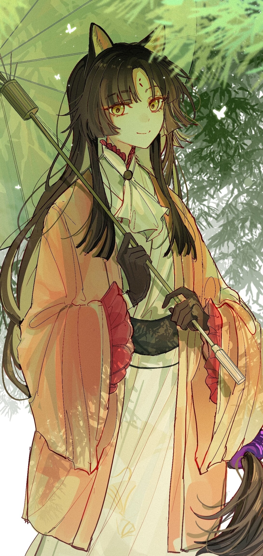 1girl, animal_ears, arknights, ascot, black_hair, black_sash, brown_gloves, chinese_commentary