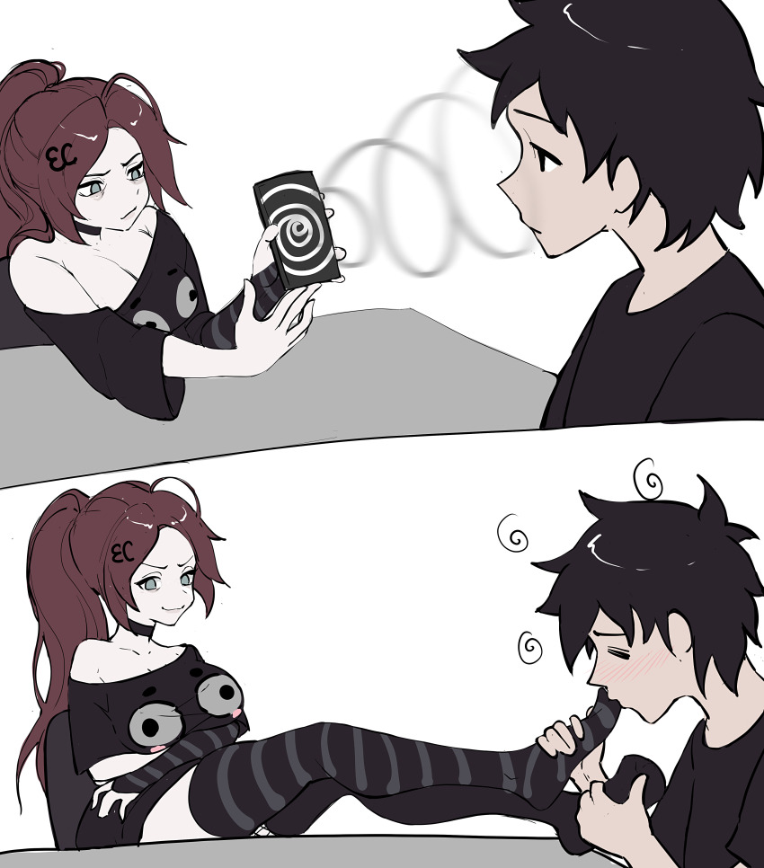 1boy, 1girl, absurdres, breasts, brown_hair, cellphone, eternalchan, feet, highres, holding, holding_phone, hypnosis, large_breasts, licking, licking_foot, long_hair, meme, mind_control, original, phone, smartphone, smug, thighs