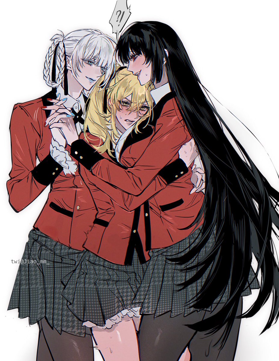 !?, 3girls, black_hair, black_pantyhose, black_ribbon, black_skirt, blonde_hair, blue_eyes