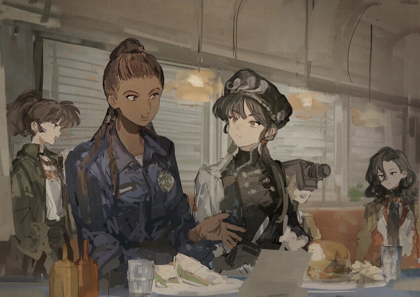 5girls, :t, an-an_lee, beret, black_dress, black_hair, black_hat, black_neckerchief