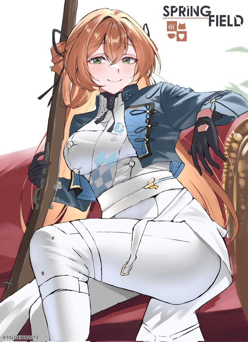 1girl, artist_name, black_gloves, blue_jacket, bolt_action, breasts, brown_hair, character_name