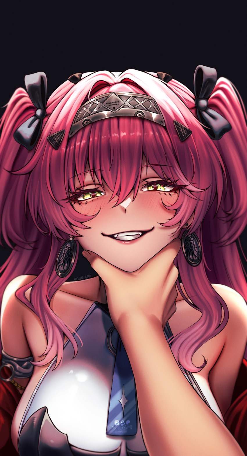 1girl, 1other, absurdres, agurami, armlet, artist_name, bare_shoulders, black_background