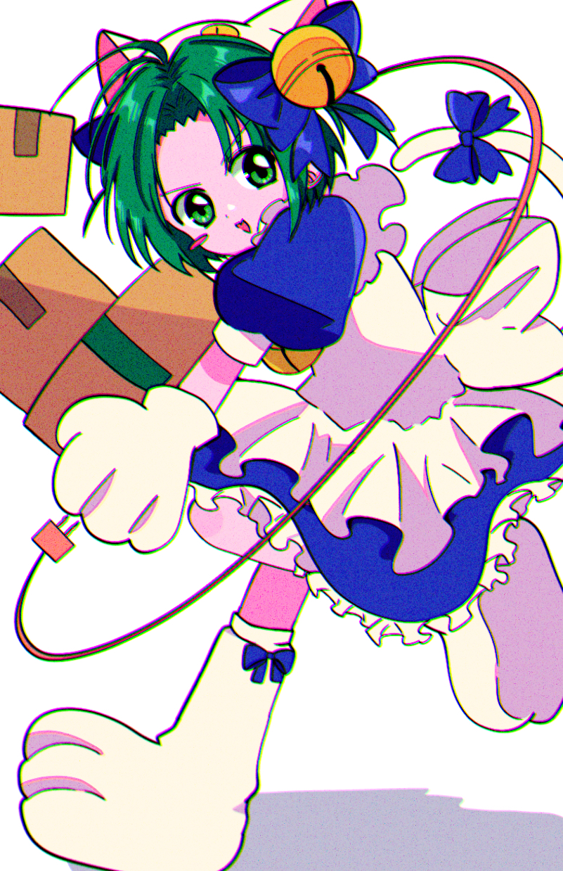 1girl, animal_hat, apron, bell, blue_dress, blush_stickers, box, cable