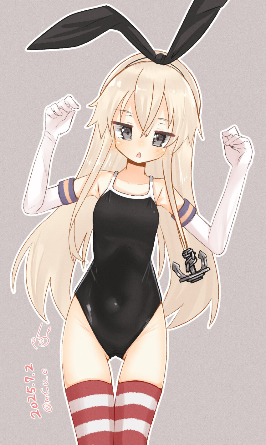 1girl, alternate_costume, anchor_hair_ornament, black_hairband, black_one-piece_swimsuit, blonde_hair, competition_school_swimsuit, cowboy_shot