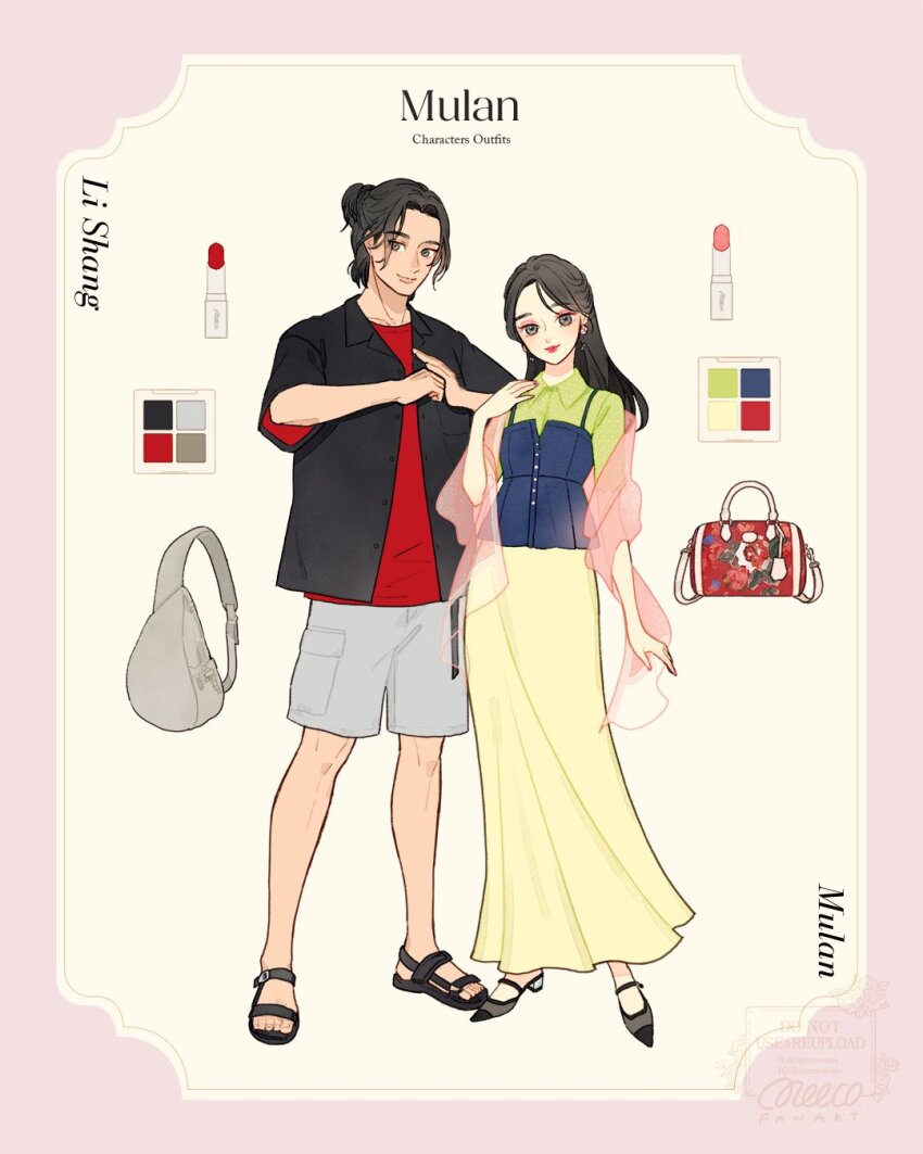 1boy, 1girl, alternate_costume, animification, black_hair, brown_eyes, contemporary, east_asian