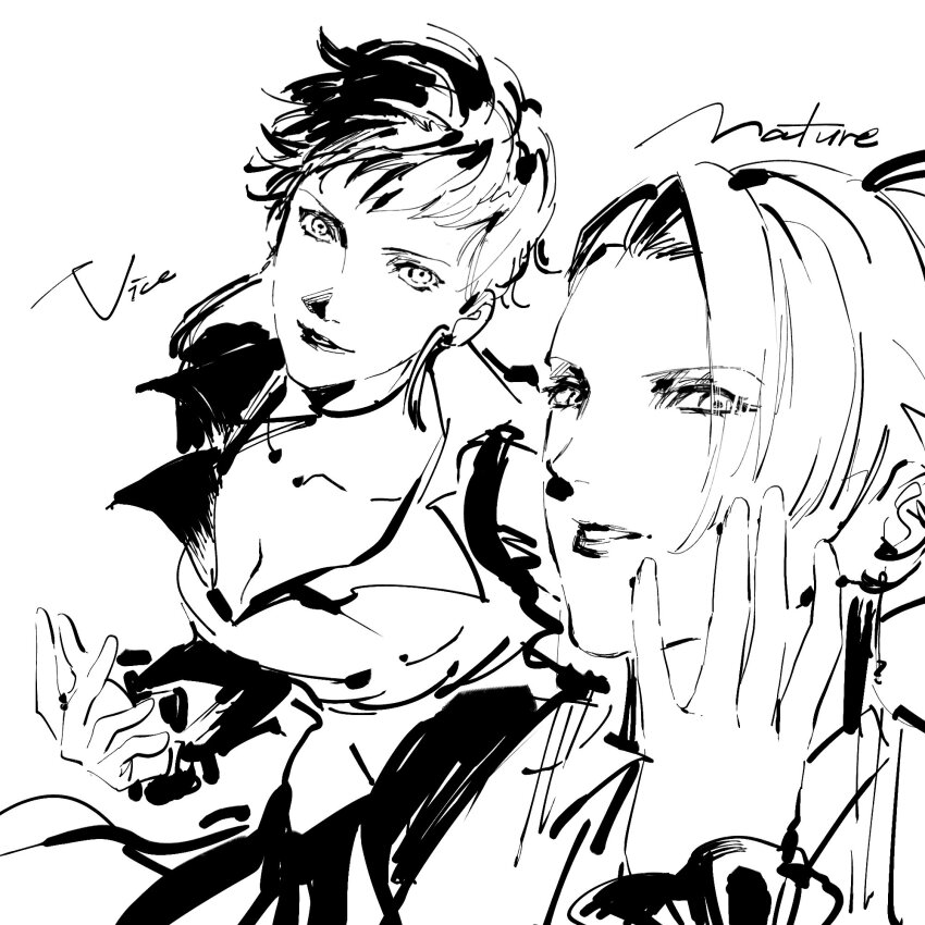 2girls, breasts, cleavage, dress, female_focus, formal_clothes, hand_up, highres, long_hair, long_sleeves, looking_at_viewer, mature_(kof), medium_breasts, multiple_girls, naokotoysk, short_hair, suit, the_king_of_fighters, verdiedell, vice_(kof)