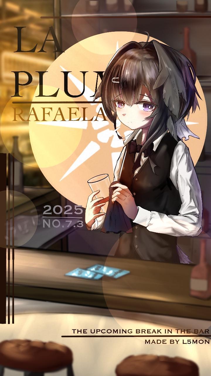 1girl, ahoge, arknights, artist_name, bartender, black_hair, black_vest, blush, bolivar_logo_(arknights), bright_pupils, buttons, chinese_commentary, closed_mouth, commentary_request, counter, cover, cup, dated, drinking_glass, fake_magazine_cover, hair_intakes, hair_ornament, hairclip, handkerchief, highres, holding, holding_handkerchief, l5mon_meng, la_pluma_(arknights), lens_flare, long_sleeves, looking_at_viewer, magazine_cover, purple_eyes, shirt, short_hair, solo, vest, waistcoat, white_pupils, white_shirt