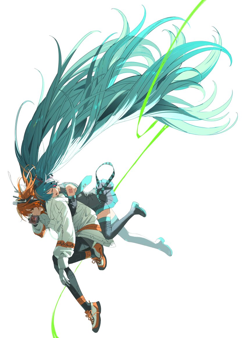 2girls, absurdly_long_hair, absurdres, adachi_rei, android, aqua_hair, aqua_necktie, bare_shoulders