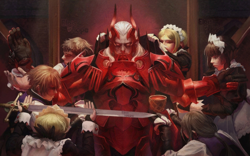 3girls, 4boys, apron, armor, artist_name, black_trim, butler, cape, chalice, cup, dressing_another, edgar_markov, elpisofhope, fake_horns, fire_emblem, fire_emblem_awakening, full_armor, gauntlets, hair_bun, helmet, highres, holding, holding_cup, holding_sword, holding_weapon, horned_helmet, horns, magic:_the_gathering, maid, maid_apron, maid_headdress, multiple_boys, multiple_girls, nintendo, outstretched_arms, ponytail, red_armor, red_eyes, red_light, servant, shoulder_pads, sword, walhart_(fire_emblem), weapon, white_hair