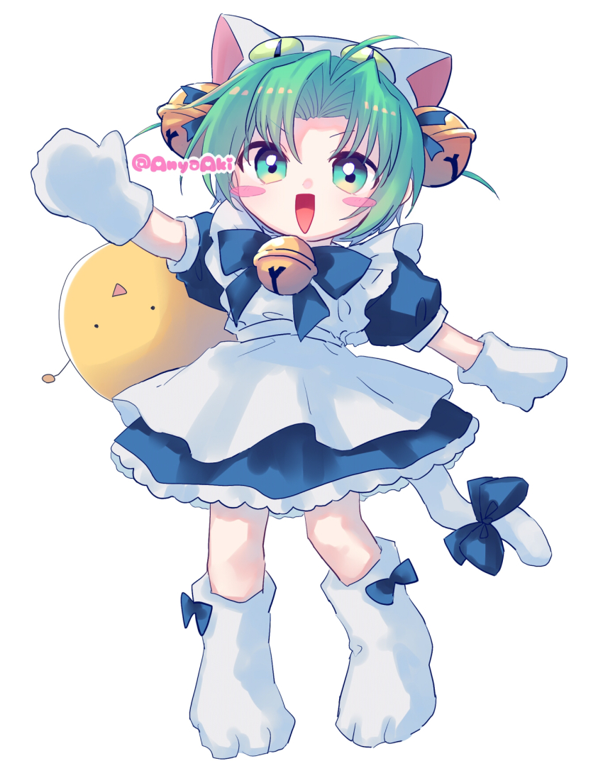 1girl, ahoge, animal_hat, anyaaki, ascot, bell, blue_dress, blue_ribbon