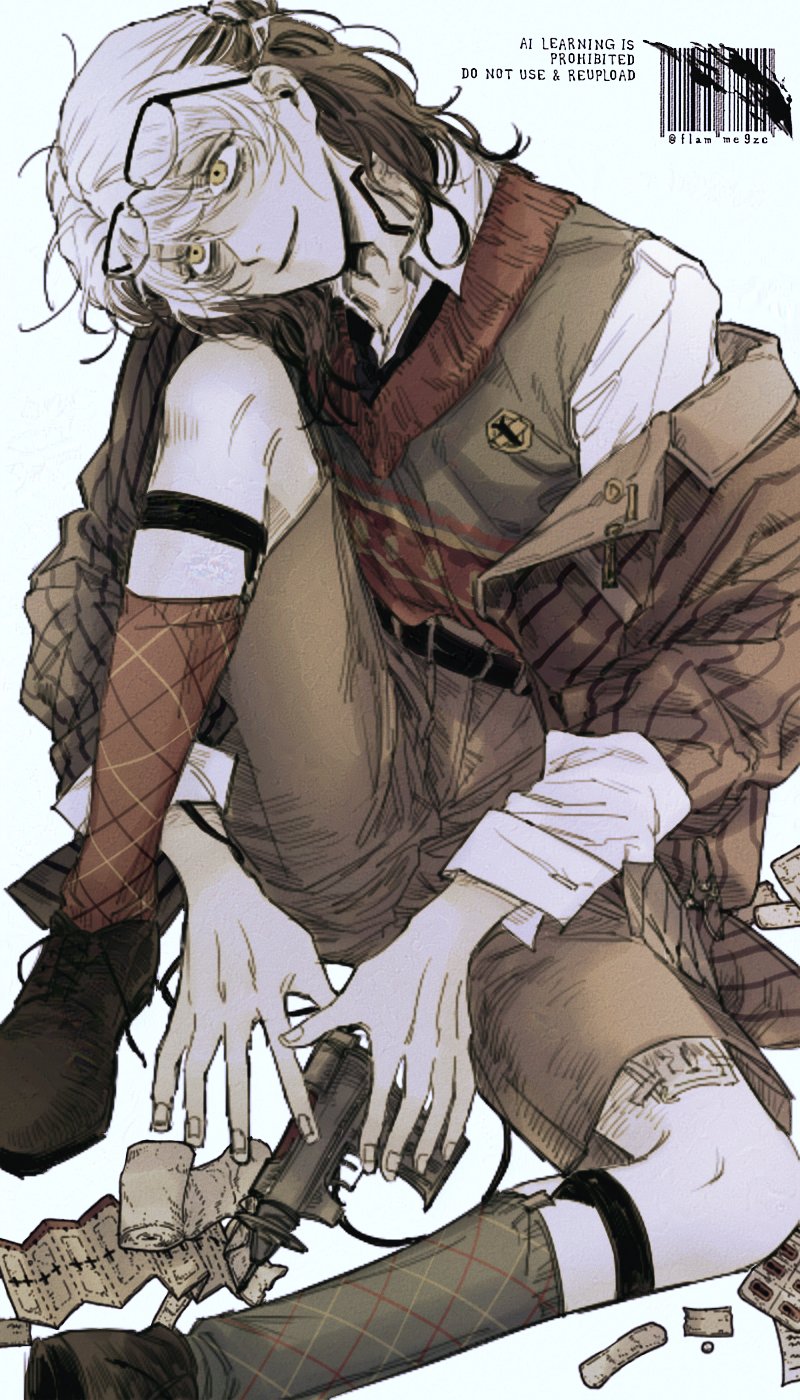 1other, asymmetrical_legwear, black_shoes, brown_hair, brown_jacket, brown_shorts, colored_tips, eyewear_on_head