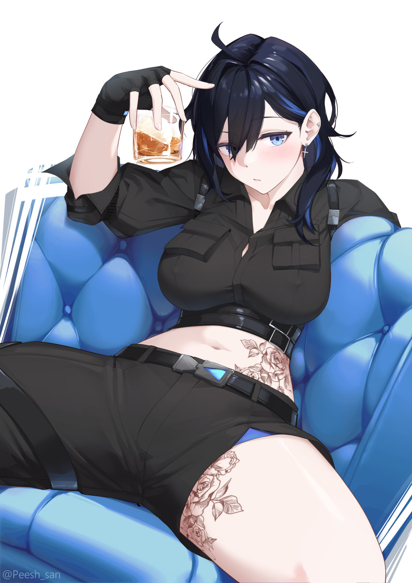 1girl, absurdres, ahoge, asymmetrical_clothes, ayase_yuu, ayase_yuu_(1st_costume), black_gloves, black_hair