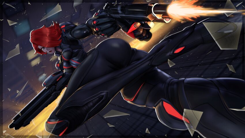 1girl, absurdres, black_widow, building, city, dynamic_pose, falling, gun