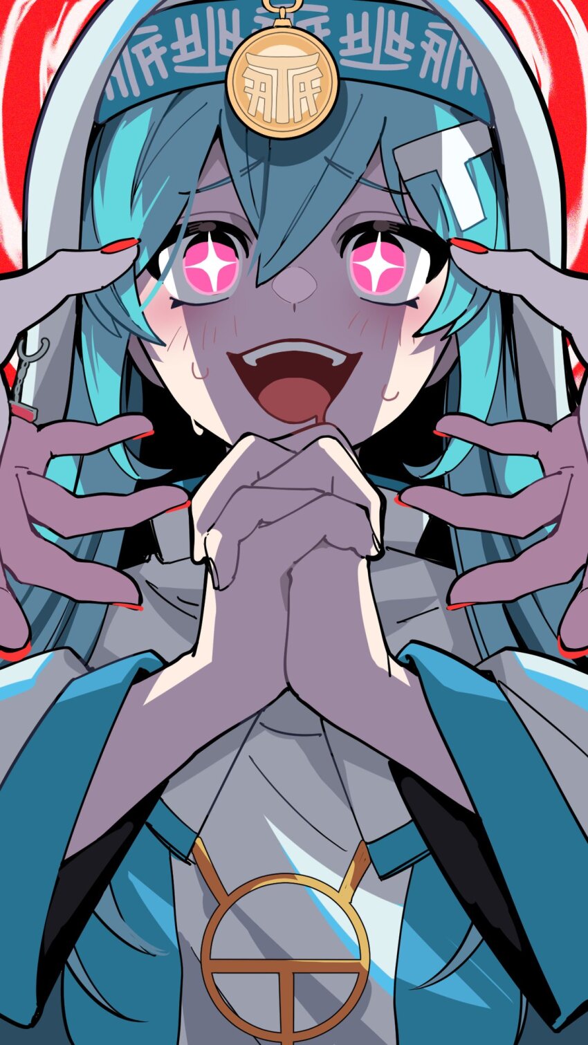 +_+, 1girl, blue_hair, blue_trim, blush, crazy_smile, drooling, fangs