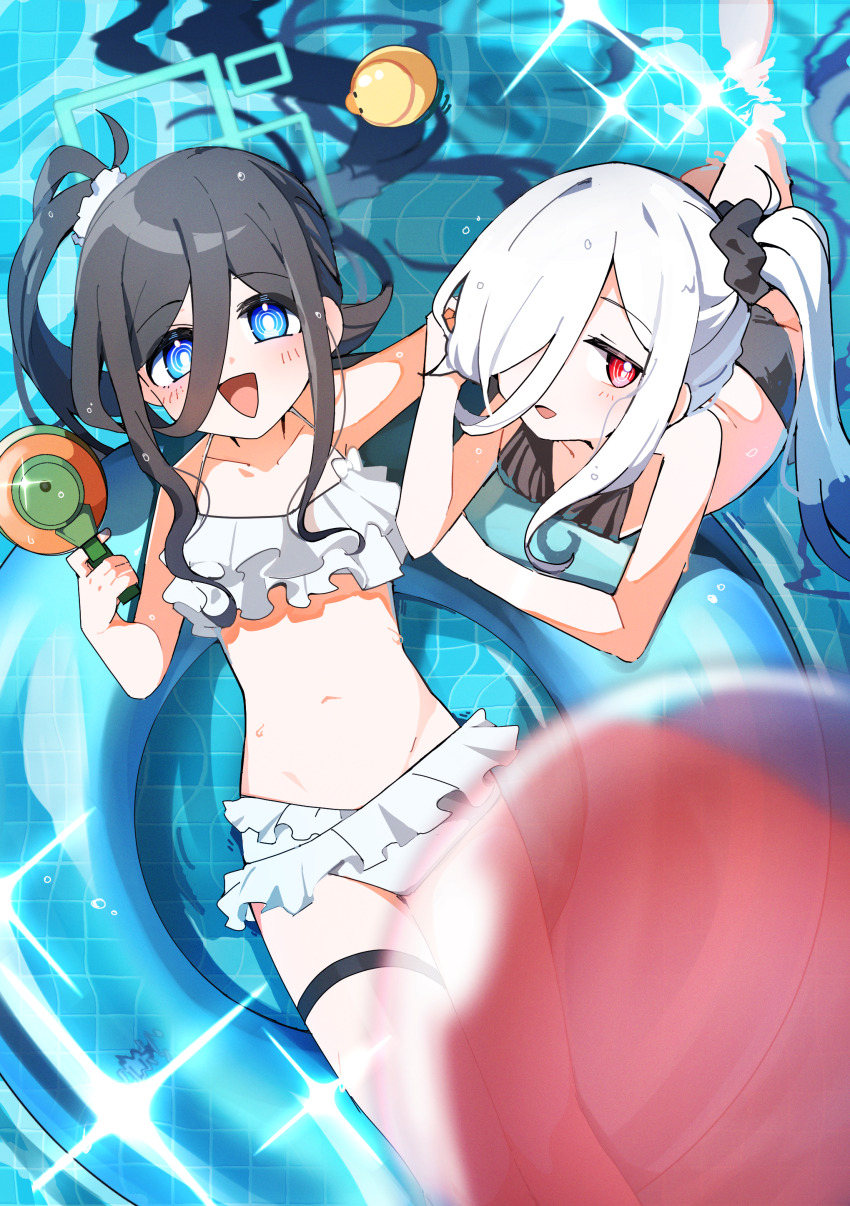 2girls, absurdres, aris_(blue_archive), bare_shoulders, bikini, black_bikini, black_hair, black_scrunchie