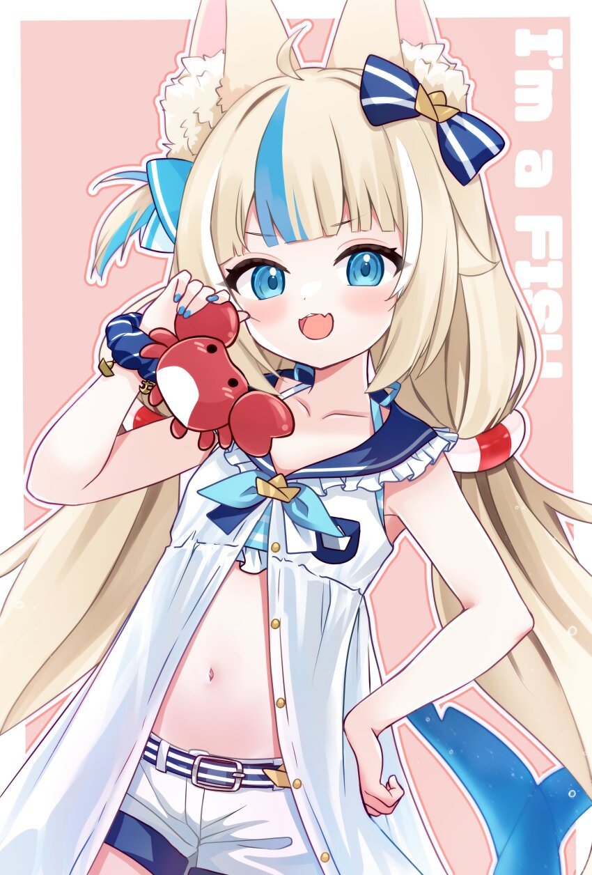 1girl, absurdres, animal_ear_fluff, animal_ears, belt, blonde_hair, blue_eyes, blue_hair, blush, bow, breasts, commentary, cowboy_shot, crab, denim, denim_shorts, english_commentary, fang, hair_bow, highres, indie_virtual_youtuber, kaniki_(sameko_saba), kkz_(kkzirius), loli, long_hair, looking_at_viewer, midriff, multicolored_hair, navel, open_mouth, sameko_saba, short_shorts, shorts, skin_fang, sleeveless, small_breasts, smile, solo, stomach, streaked_hair, tail, twintails, two-tone_hair, very_long_hair, virtual_youtuber