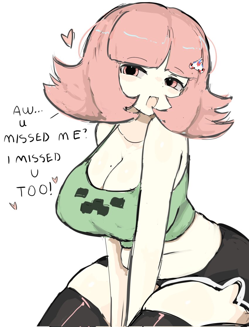 1girl, bare_shoulders, black_shorts, black_thighhighs, breasts, brown_hair, cleavage, creeper