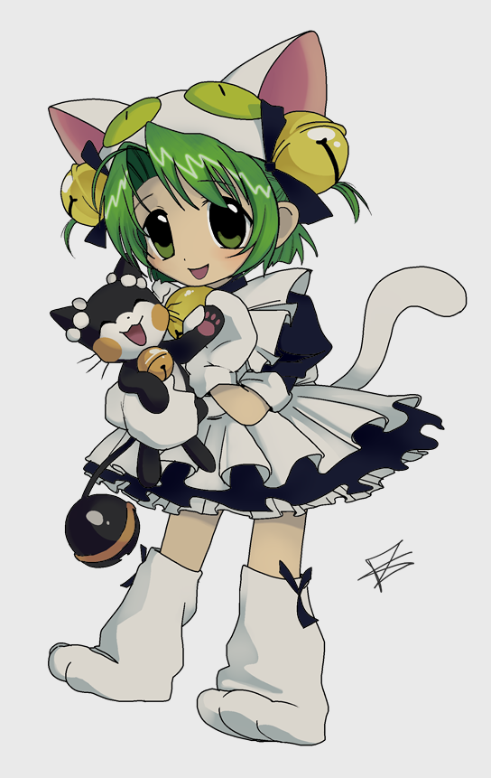 1girl, animal_hat, apron, bell, cat_hat, cat_tail, crossover, dejiko