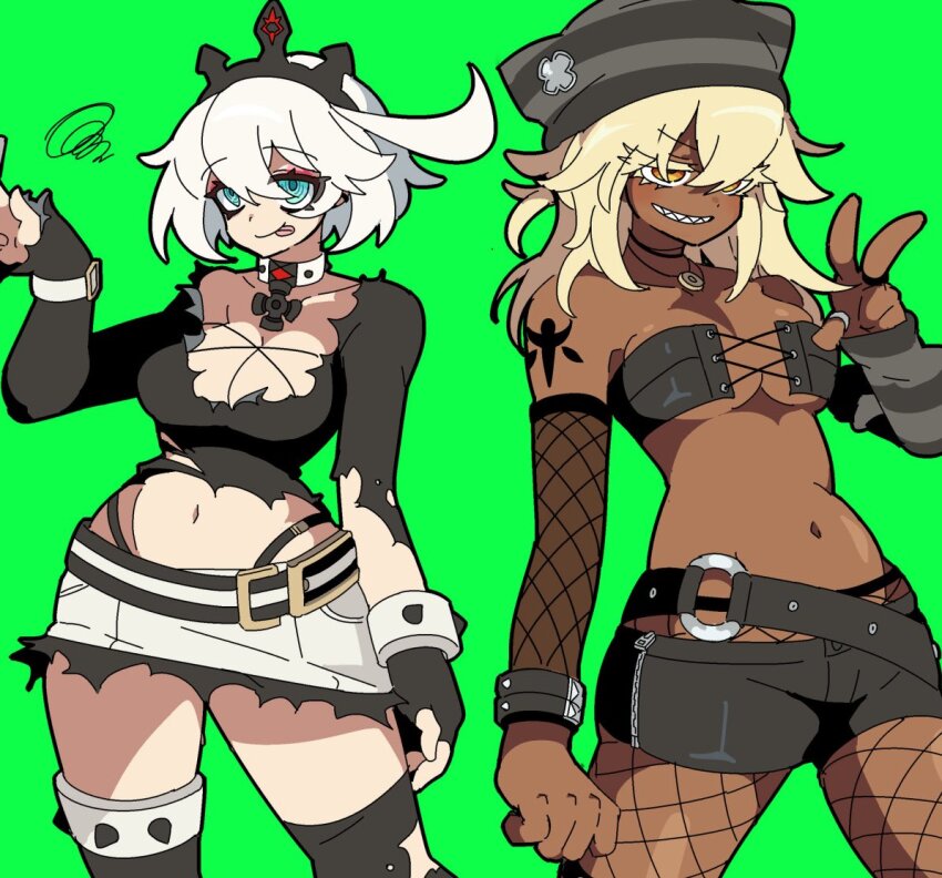 2girls, ahoge, arm_warmers, black_crown, black_hat, black_shirt, black_shorts, blonde_hair