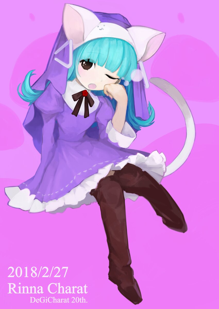 1girl, absurdres, animal_hat, blunt_bangs, boots, brown_boots, brown_ribbon, cat_hat