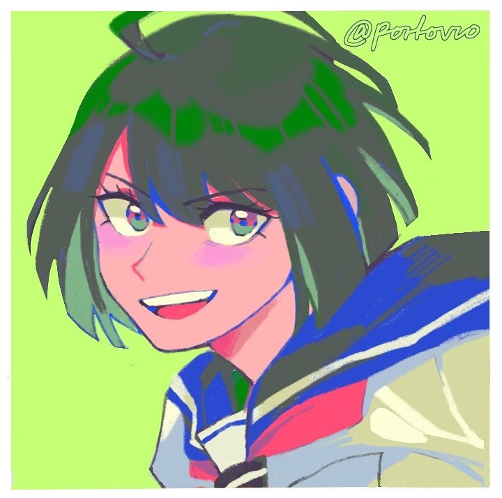 1girl, :d, ahoge, blue_sailor_collar, blush, border, commentary, danganronpa_(series)