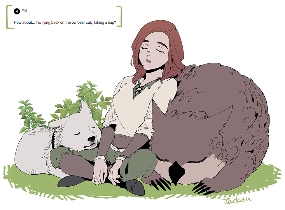 1girl, baldur's_gate, baldur's_gate_3, byuub, closed_eyes, dog, dungeons_&amp;_dragons, english_text