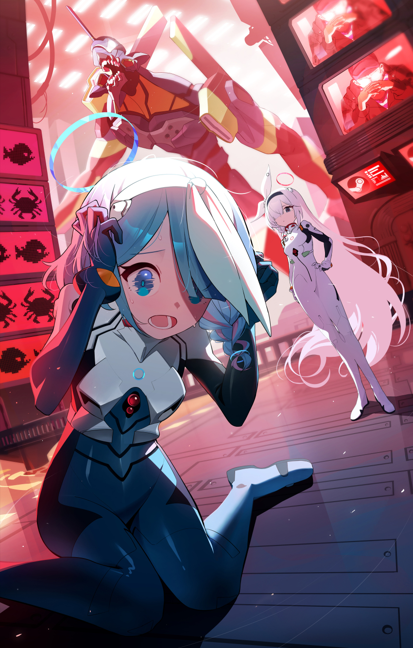 2girls, absurdres, alternate_costume, arona_(blue_archive), ayanami_rei, ayanami_rei_(cosplay), blue_archive, blue_eyes, blue_hair, bodysuit, breasts, cosplay, eva_01, grabbing_own_hair, grey_eyes, grey_hair, highres, holding_own_hair, ikari_gendou, ikari_gendou_(cosplay), ikari_shinji, ikari_shinji_(cosplay), kim_yongha, mecha_pilot_suit, multicolored_hair, multiple_girls, nasan_(coldtime), neon_genesis_evangelion, pink_hair, plana_(blue_archive), plugsuit_(evangelion), small_breasts, steam_(platform), thighs, two-tone_hair