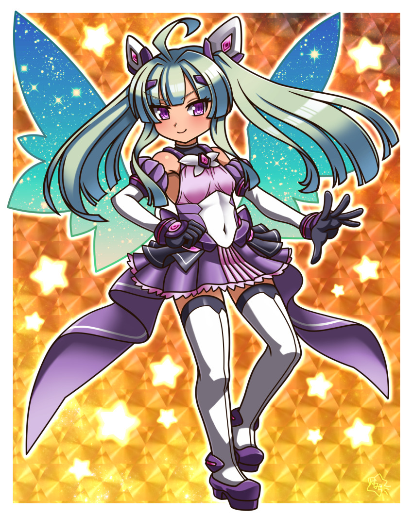 >:), 1girl, ahoge, amakubo_yuri, bare_shoulders, black_gloves, blue_wings, blush