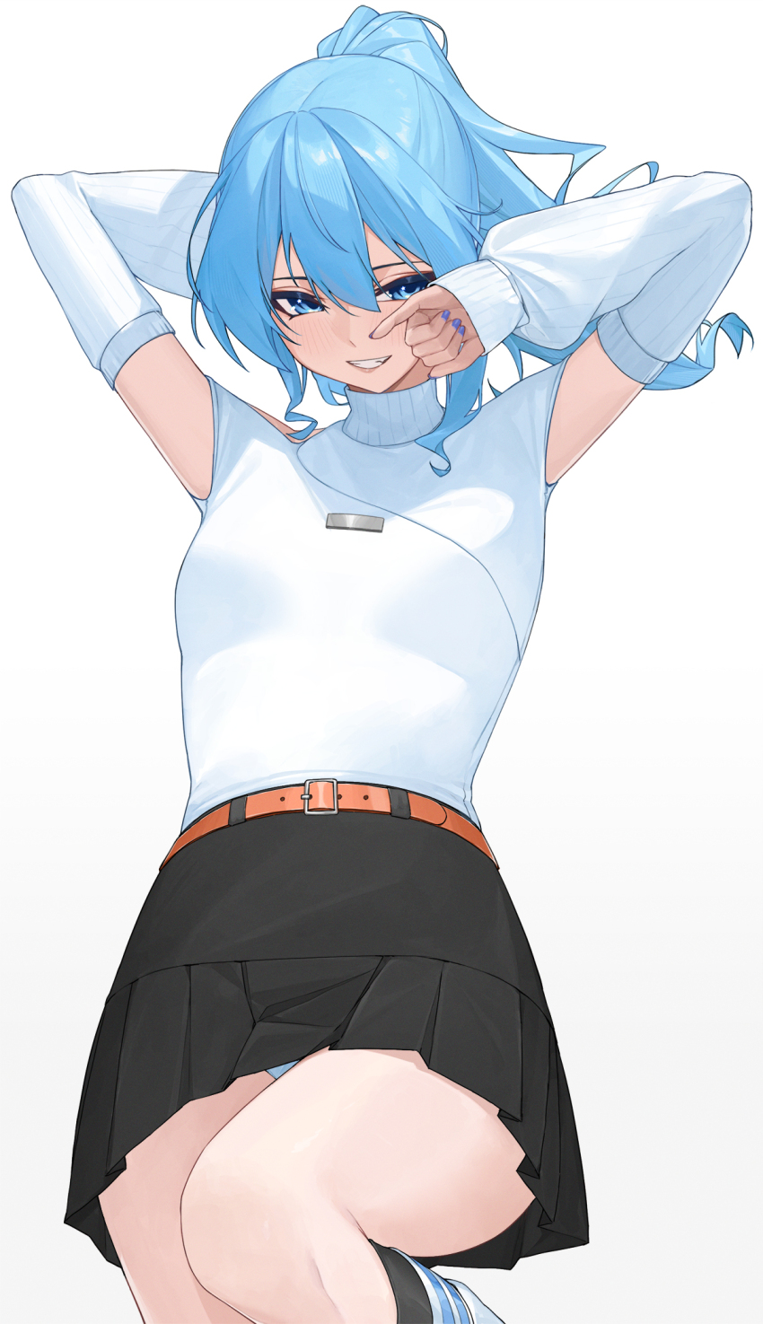 1girl, arm_behind_head, arms_up, belt, black_skirt, blue_eyes, blue_hair, blue_nails