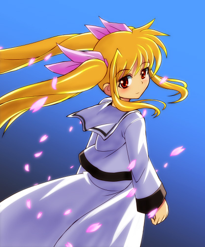 00s, 1girl, blonde_hair, fate_testarossa, female_focus, gradient_background, lowres, lyrical_nanoha