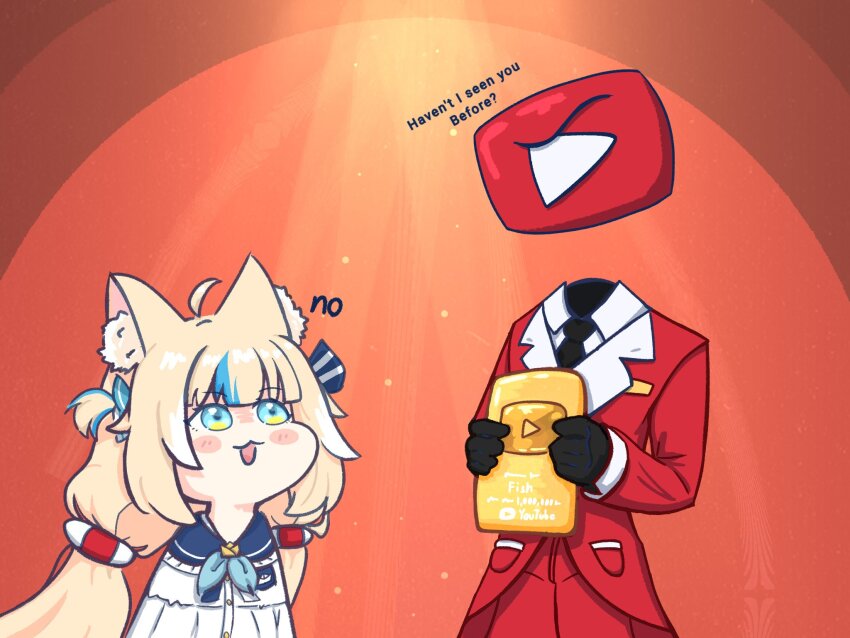 1girl, ahoge, animal_ear_fluff, animal_ears, blonde_hair, blue_eyes, blue_hair, cat_ears