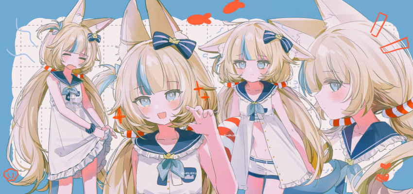 1girl, ahoge, animal_ears, blonde_hair, blue_bow, blue_eyes, blue_hair, bow, cat_ears, closed_eyes, closed_mouth, dress, fins, fish_girl, fish_tail, hair_bow, highres, hokky_oku, indie_virtual_youtuber, lifebuoy_hair_ornament, long_hair, low_twintails, multicolored_hair, one_side_up, open_clothes, open_dress, open_mouth, sameko_saba, short_shorts, shorts, sleeveless, sleeveless_dress, smile, solo, streaked_hair, tail, twintails, very_long_hair, virtual_youtuber, white_dress, white_shorts