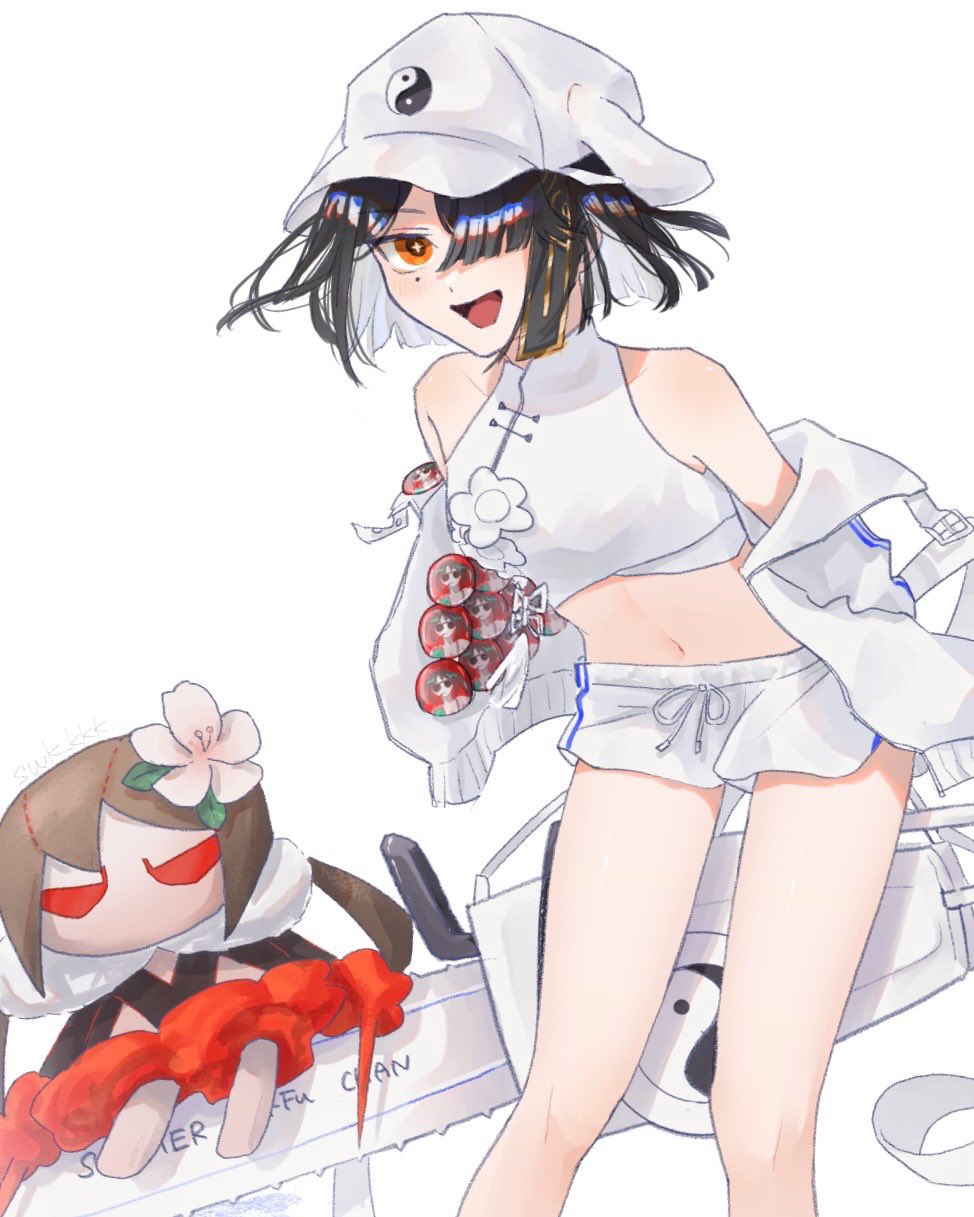 1girl, artist_name, badge, bare_shoulders, black_hair, breasts, brown_eyes, chainsaw