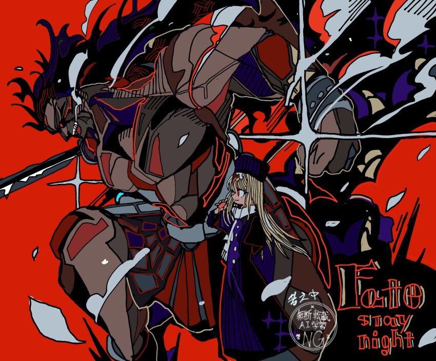 1boy, 1girl, armlet, armor, artist_name, black_hair, black_sclera, blonde_hair