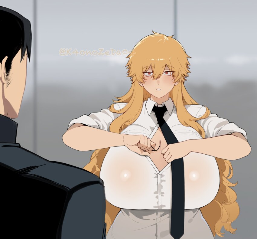 1boy, 1girl, between_breasts, black_necktie, breasts, brown_hair, chainsaw_man, cleavage